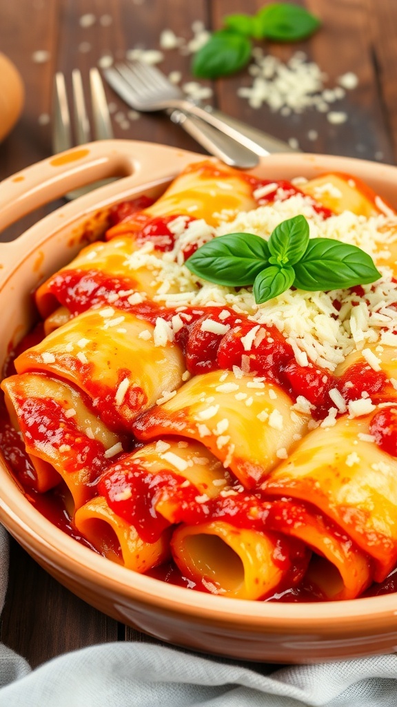 Baked Mostaccioli Recipe Baked mostaccioli with marinara sauce and melted cheese, garnished with basil, served in a rustic dish.